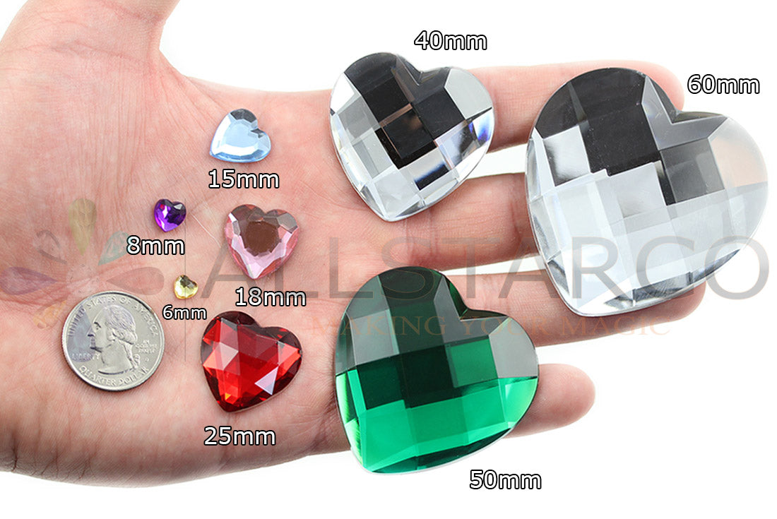 size chart comparison coin quarter reference heart flat back acrylic gems valentine's day love gift girlfriend boyfriend mom dad family plastic rhinestones for craft gemstones body jewels face skin cabochons embellishments cosplay prop making jewelry making party diy crafts costume making scrapbooking high quality allstarco décor stones larp events film making