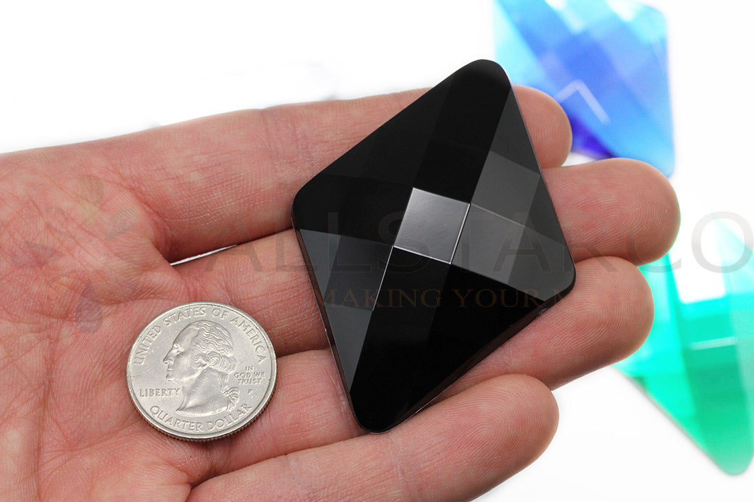 jet black extra large stick on diamond gems plastic sticky rhombus jewels self adhesive rhinestones big gemstones huge stones acrylic cabochons for cosplay prop making steven universe diy craft furniture embellishments display merchandising windows décor walls theater decoration film making lead free with glue peel and stick stickon allstarco