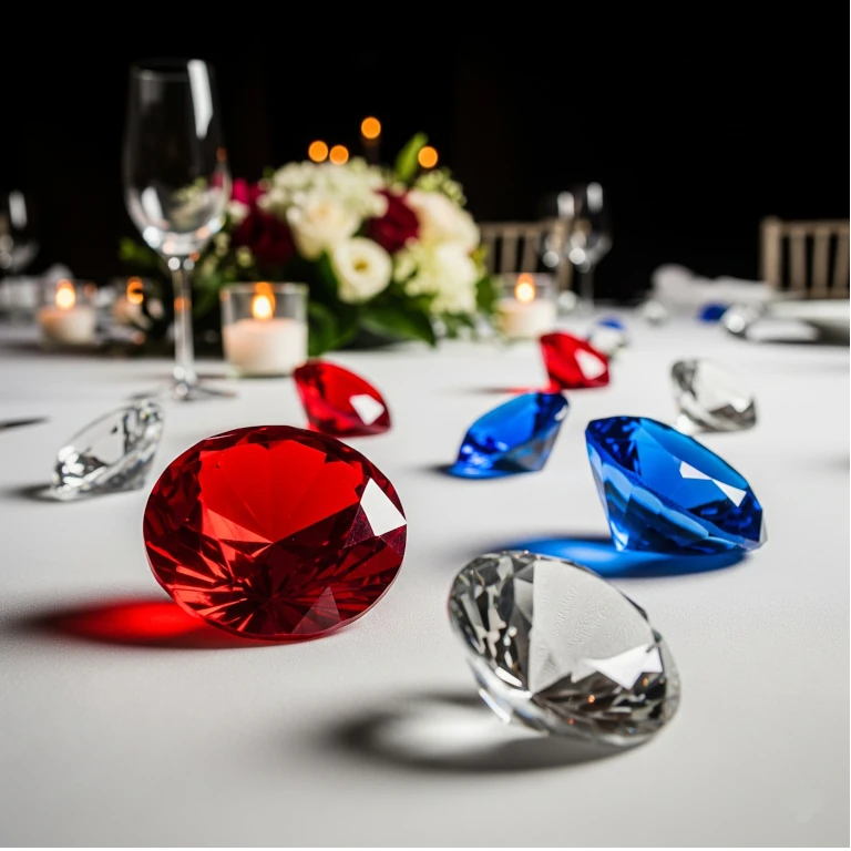 Colorful gemstone decorations on a table with a blurred background of candles and flowers.