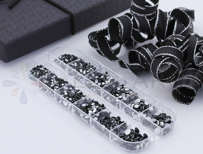 jet black glass flat back rhinestone nail art kit crystal stones salon gems gemstones jewels party diy projects craft embellishments face art wedding bling phone accessories, costume making 1.4mm 2mm 2.5mm 2.9mm 4mm 4.8mm allstarco