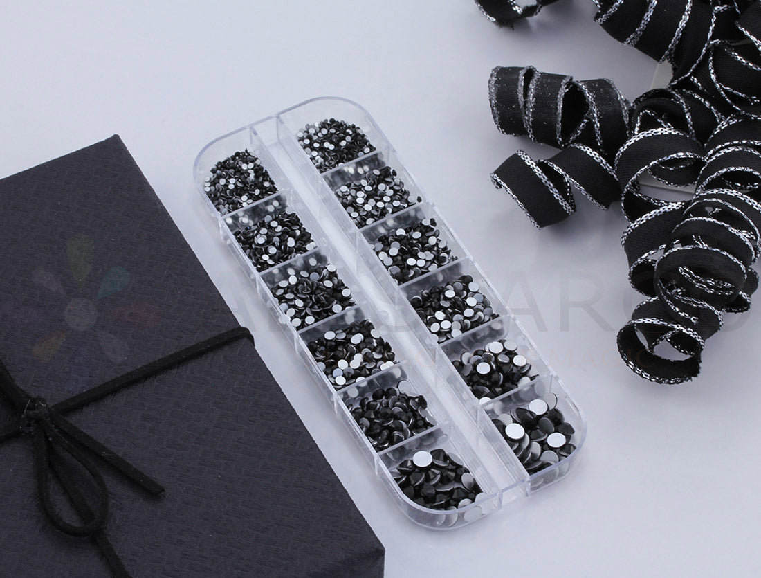 jet black glass flat back rhinestone nail art kit crystal stones salon gems gemstones jewels party diy projects craft embellishments face art wedding bling phone accessories, costume making 1.4mm 2mm 2.5mm 2.9mm 4mm 4.8mm allstarco