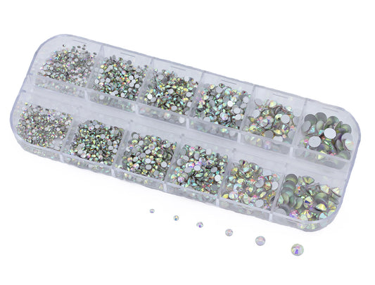 crystal ab iridescent glass flat back rhinestone nail art kit crystal stones salon gems gemstones jewels party diy projects craft embellishments face art wedding bling phone accessories, costume making 1.4mm 2mm 2.5mm 2.9mm 4mm 4.8mm allstarco