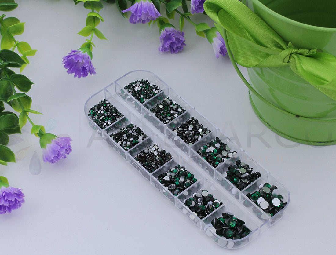 green emerald glass flat back rhinestone nail art kit crystal stones salon gems gemstones jewels party diy projects craft embellishments face art wedding bling phone accessories, costume making 1.4mm 2mm 2.5mm 2.9mm 4mm 4.8mm allstarco