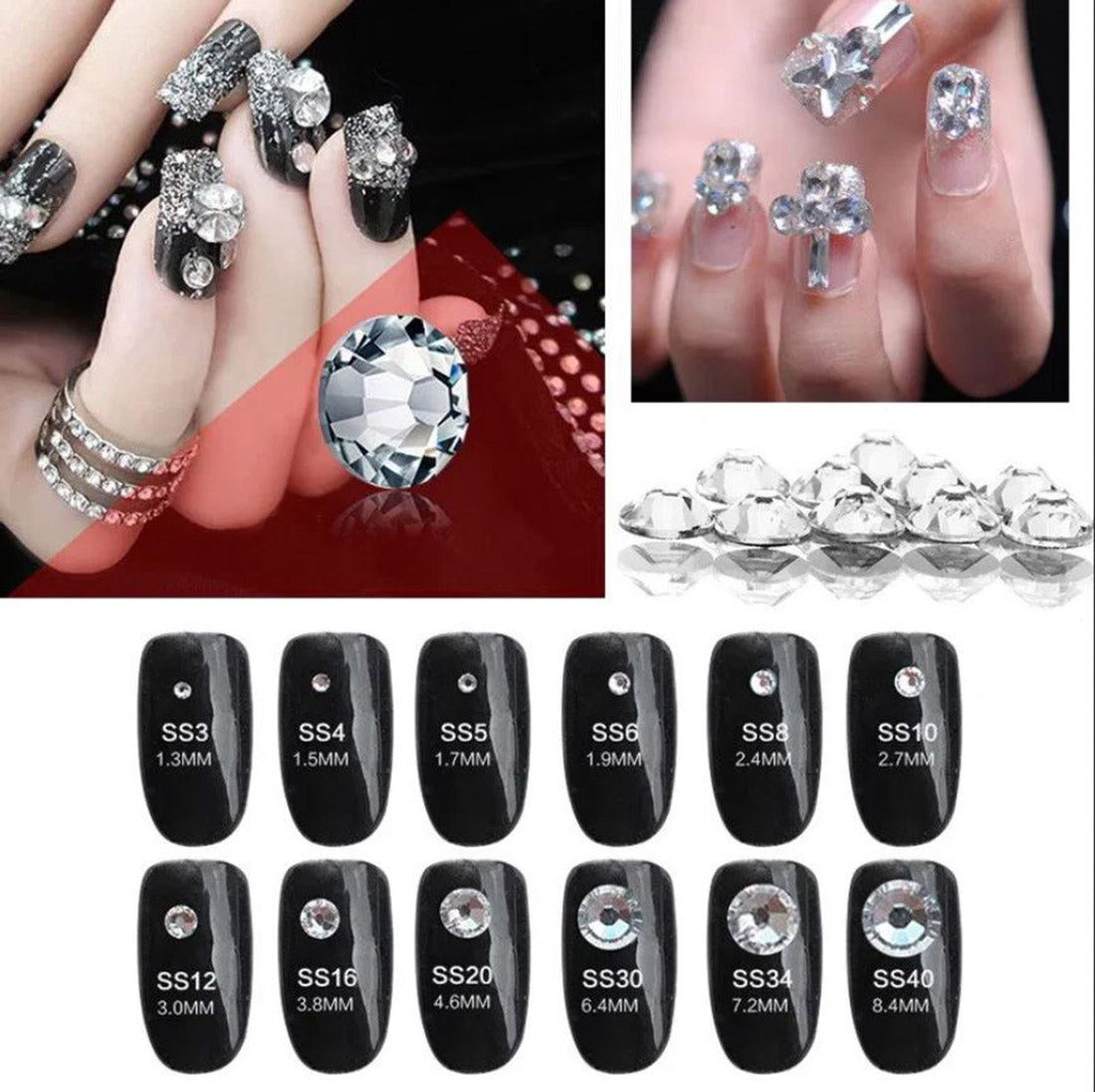 size reference on nails glass flat back rhinestone nail art kit crystal stones salon gems gemstones jewels party diy projects craft embellishments face art wedding bling phone accessories, costume making 1.4mm 2mm 2.5mm 2.9mm 4mm 4.8mm allstarco