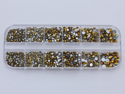 gold plated glass flat back rhinestone nail art kit crystal stones salon gems gemstones jewels party diy projects craft embellishments face art wedding bling phone accessories, costume making 1.4mm 2mm 2.5mm 2.9mm 4mm 4.8mm allstarco