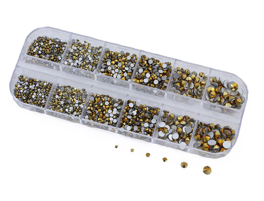 gold plated glass flat back rhinestone nail art kit crystal stones salon gems gemstones jewels party diy projects craft embellishments face art wedding bling phone accessories, costume making 1.4mm 2mm 2.5mm 2.9mm 4mm 4.8mm allstarco