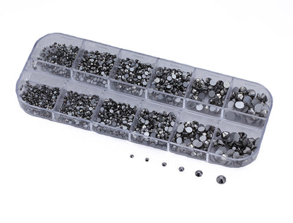 gray mineral ash black diamond glass flat back rhinestone nail art kit crystal stones salon gems gemstones jewels party diy projects craft embellishments face art wedding bling phone accessories, costume making 1.4mm 2mm 2.5mm 2.9mm 4mm 4.8mm allstarco