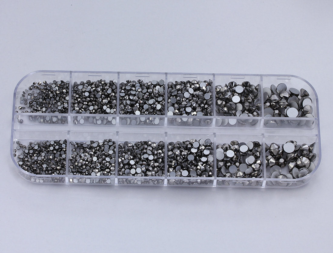 gray mineral ash black diamond glass flat back rhinestone nail art kit crystal stones salon gems gemstones jewels party diy projects craft embellishments face art wedding bling phone accessories, costume making 1.4mm 2mm 2.5mm 2.9mm 4mm 4.8mm allstarco