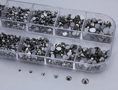 gray mineral ash black diamond glass flat back rhinestone nail art kit crystal stones salon gems gemstones jewels party diy projects craft embellishments face art wedding bling phone accessories, costume making 1.4mm 2mm 2.5mm 2.9mm 4mm 4.8mm allstarco