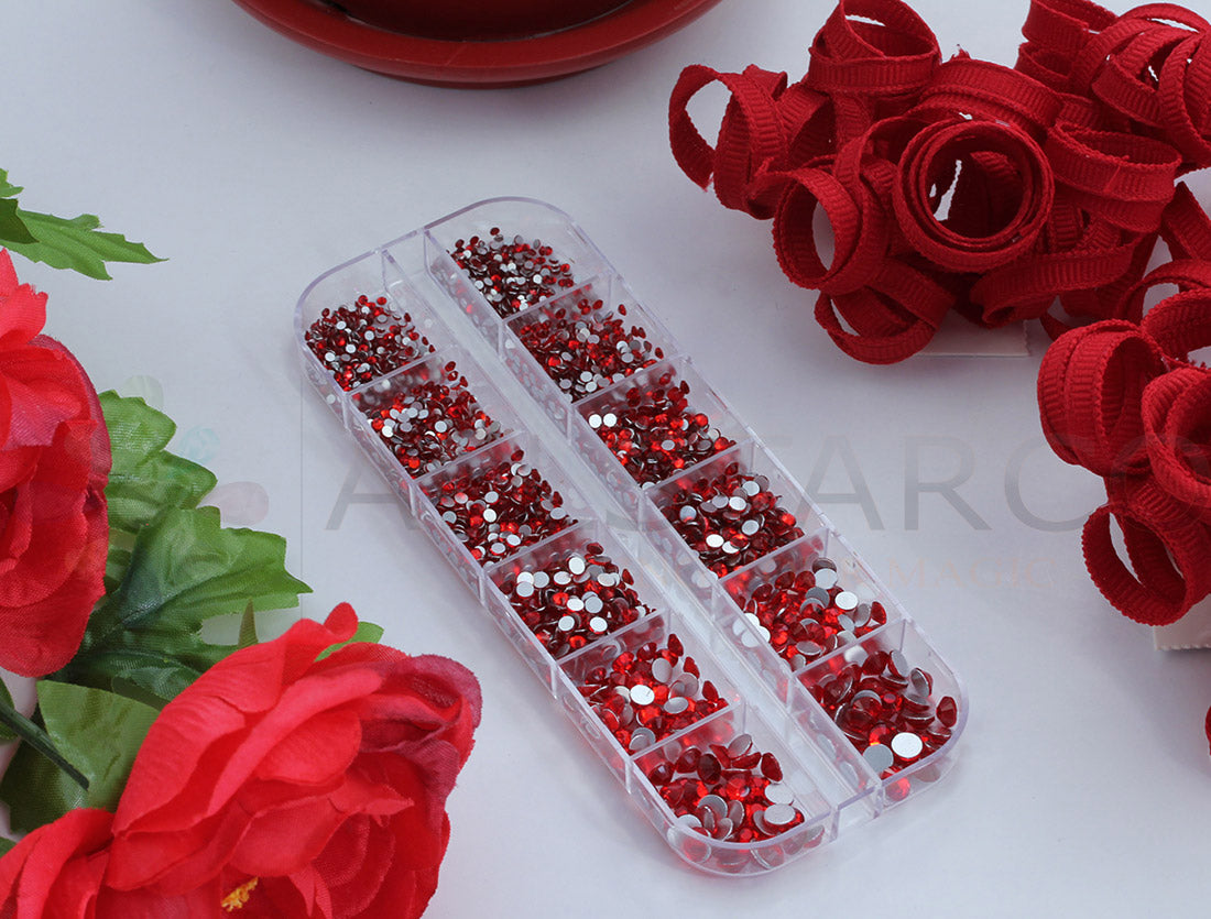 red ruby light siam glass flat back rhinestone nail art kit crystal stones salon gems gemstones jewels party diy projects craft embellishments face art wedding bling phone accessories, costume making 1.4mm 2mm 2.5mm 2.9mm 4mm 4.8mm allstarco