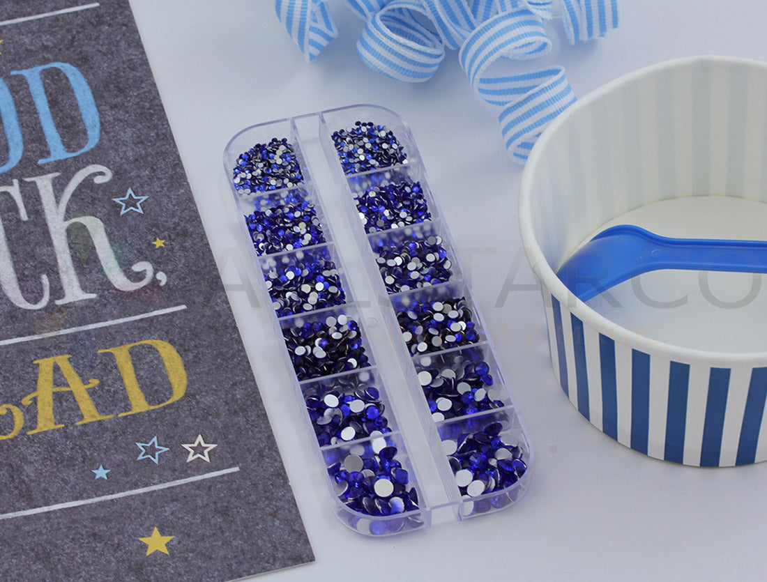 blue sapphire glass flat back rhinestone nail art kit crystal stones salon gems gemstones jewels party diy projects craft embellishments face art wedding bling phone accessories, costume making 1.4mm 2mm 2.5mm 2.9mm 4mm 4.8mm allstarco