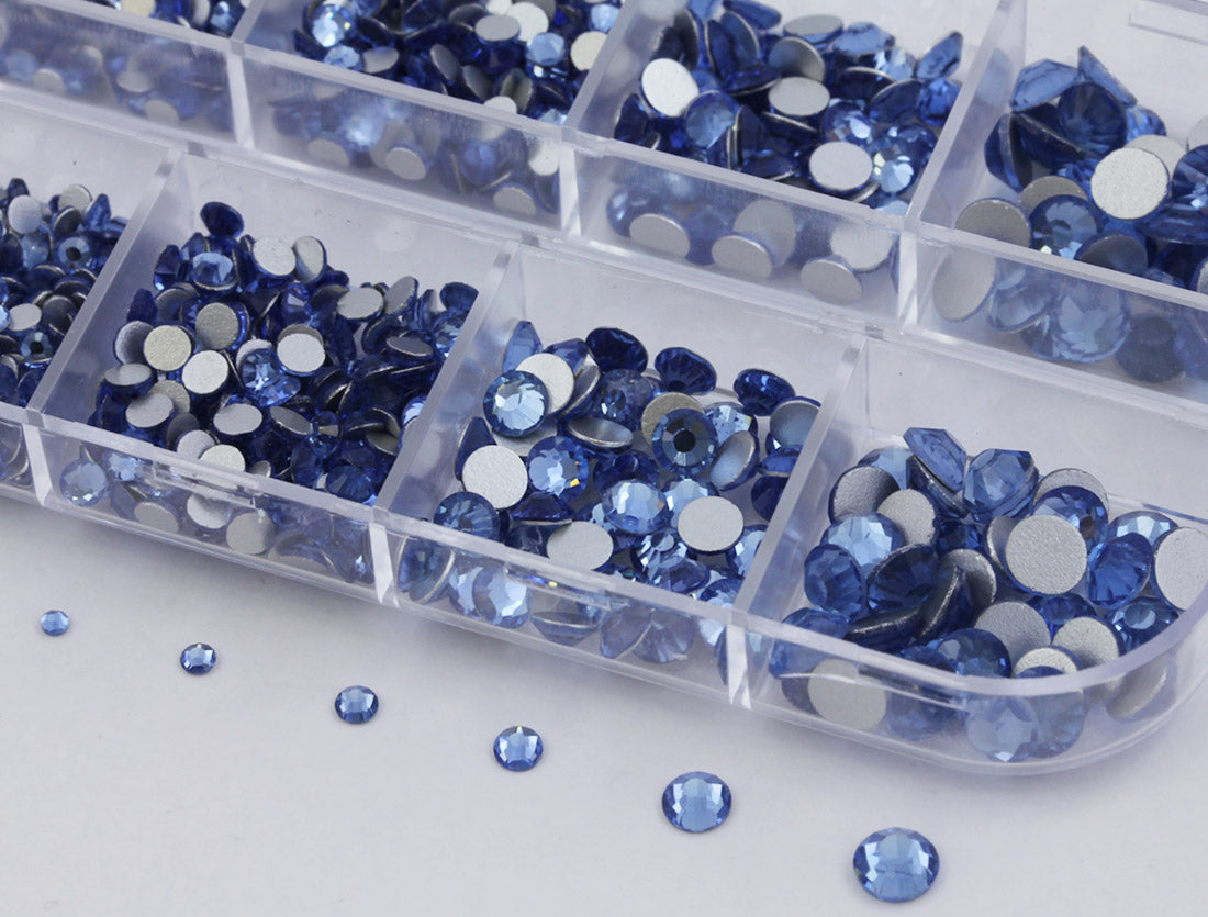 blue sapphire light glass flat back rhinestone nail art kit crystal stones salon gems gemstones jewels party diy projects craft embellishments face art wedding bling phone accessories, costume making 1.4mm 2mm 2.5mm 2.9mm 4mm 4.8mm allstarco