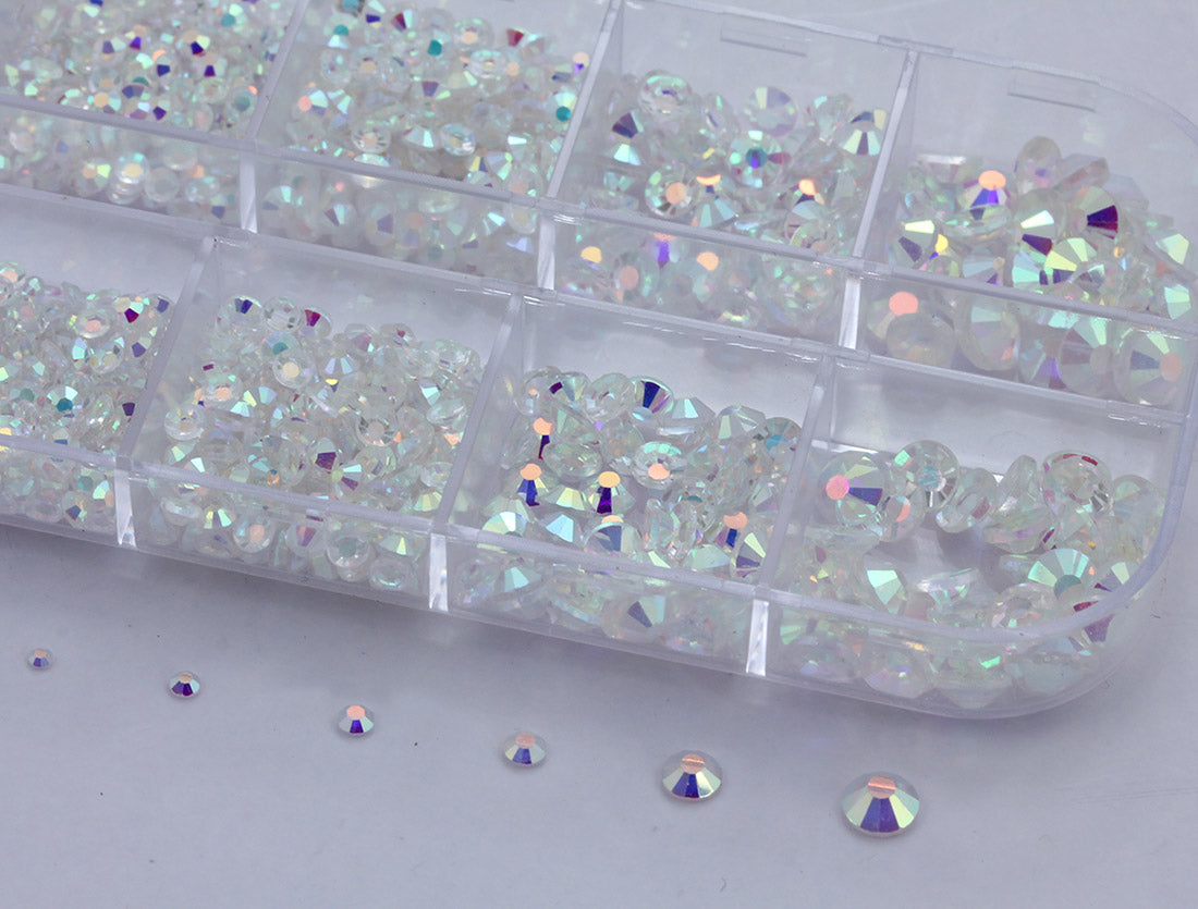 crystal ab transparent no foil iridescent glass flat back rhinestone nail art kit crystal stones salon gems gemstones jewels party diy projects craft embellishments face art wedding bling phone accessories, costume making 1.4mm 2mm 2.5mm 2.9mm 4mm 4.8mm allstarco