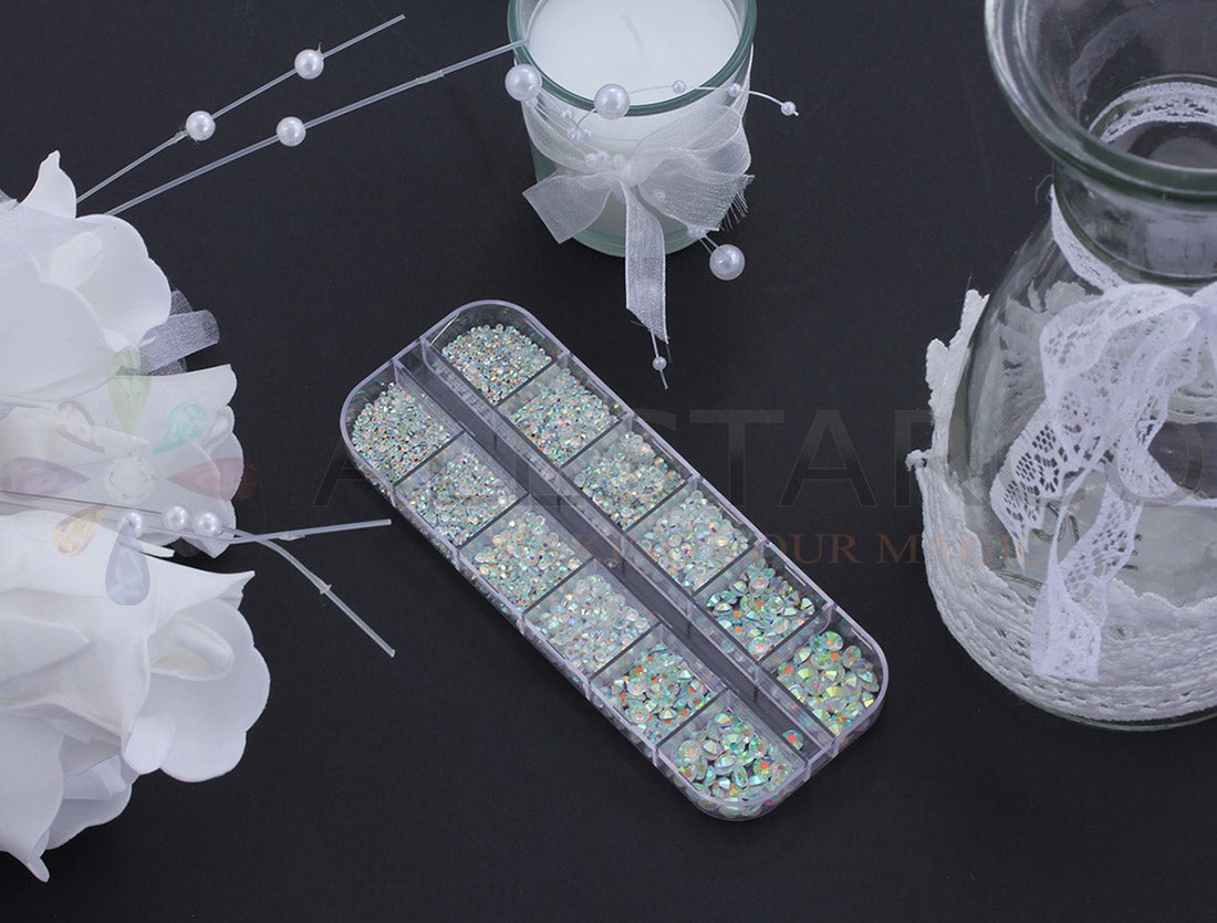 crystal ab transparent no foil iridescent glass flat back rhinestone nail art kit crystal stones salon gems gemstones jewels party diy projects craft embellishments face art wedding bling phone accessories, costume making 1.4mm 2mm 2.5mm 2.9mm 4mm 4.8mm allstarco