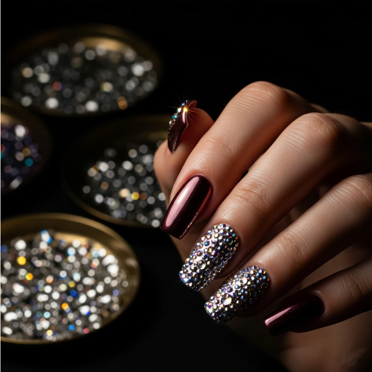 Hand with glittery nail art against a dark background