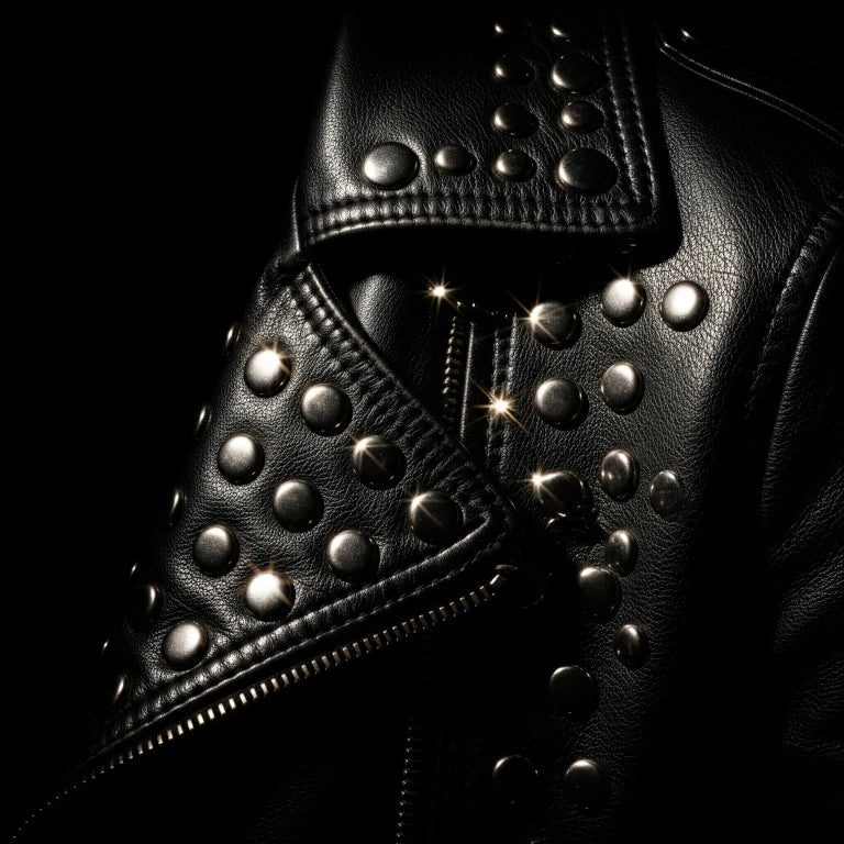 Black leather jacket with studs on a black background