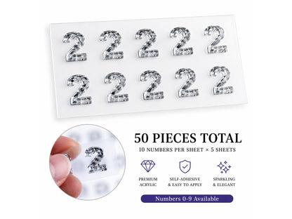 Rhinestone Number Stickers – Self Adhesive Crystal Bling Numbers (0–9) - 50 PCS