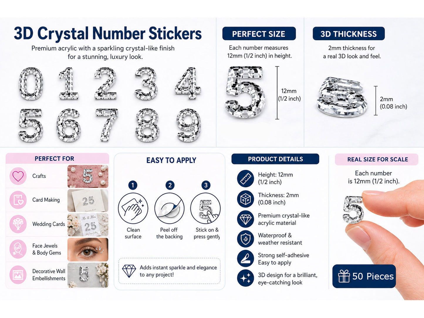 Rhinestone Number Stickers – Self Adhesive Crystal Bling Numbers (0–9) - 50 PCS