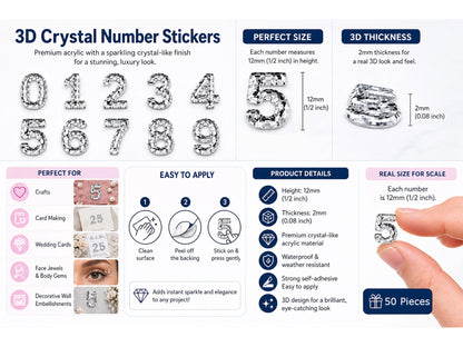 Rhinestone Number Stickers – Self Adhesive Crystal Bling Numbers (0–9) - 50 PCS