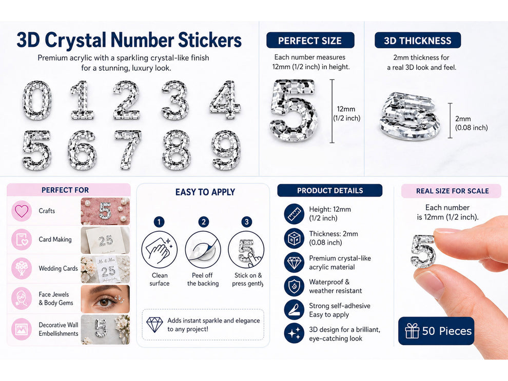 Rhinestone Number Stickers – Self Adhesive Crystal Bling Numbers (0–9 ...