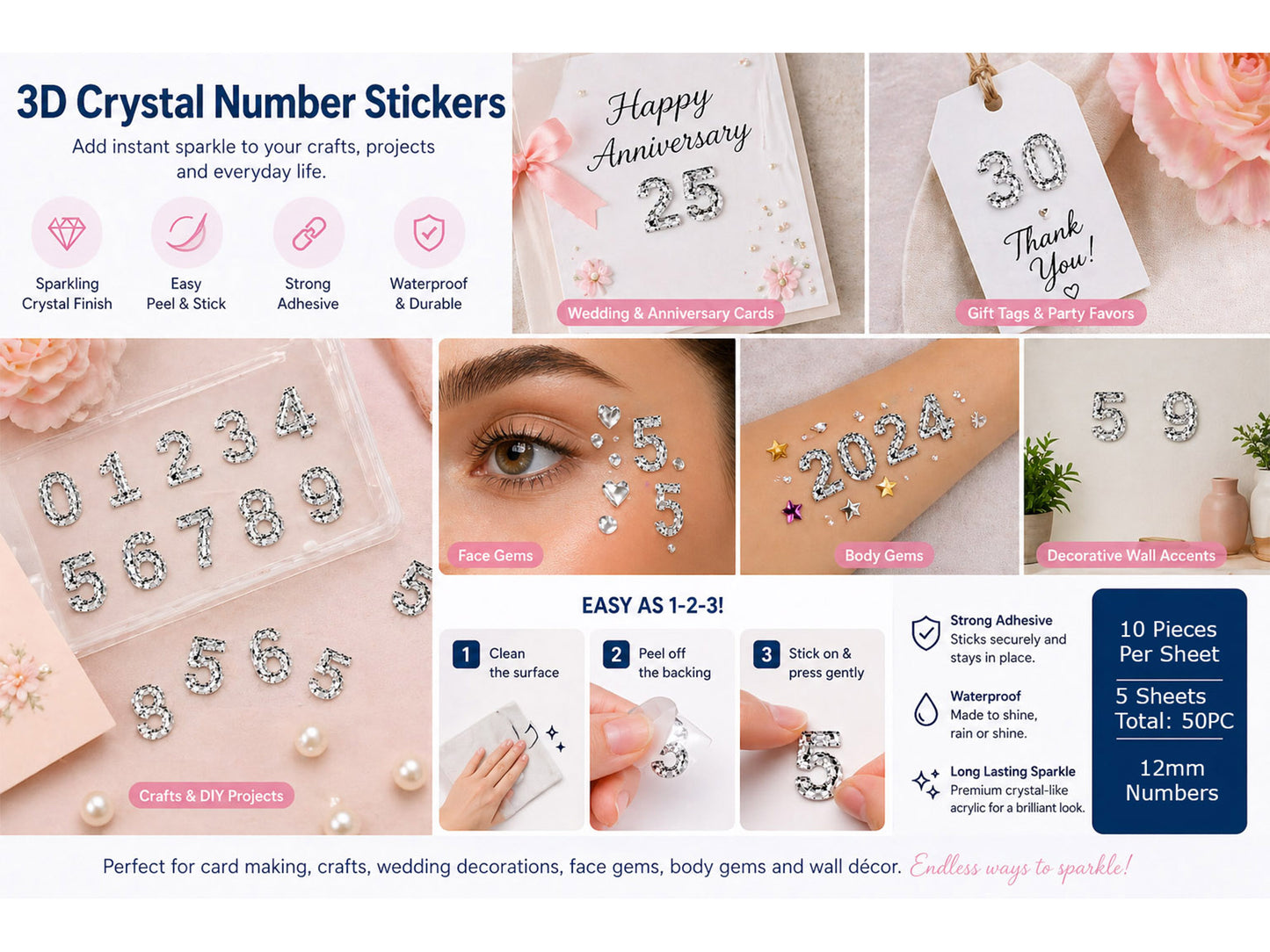 Rhinestone Number Stickers – Self Adhesive Crystal Bling Numbers (0–9) - 50 PCS