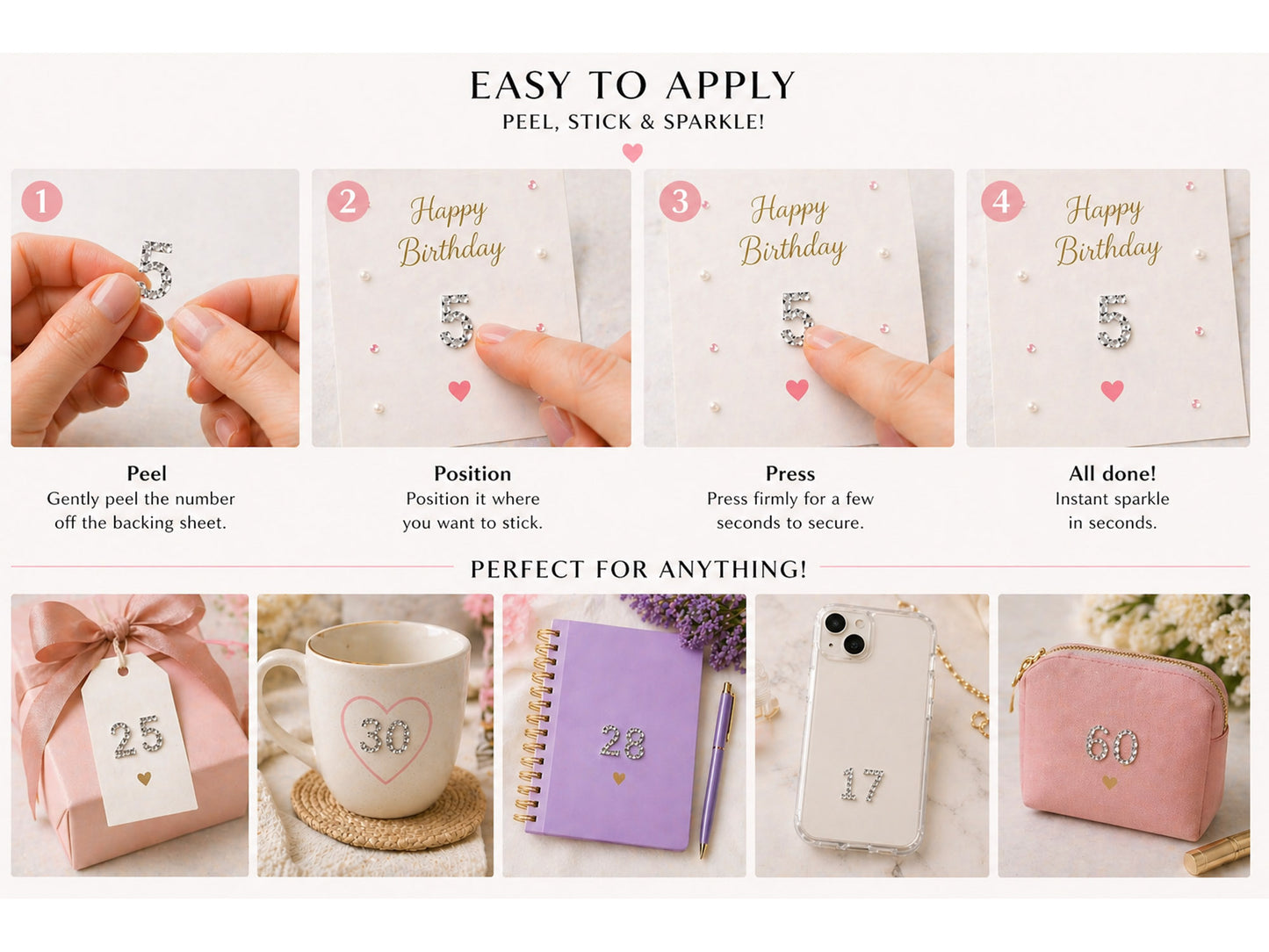 Rhinestone Number Stickers – Self Adhesive Crystal Bling Numbers (0–9) - 50 PCS