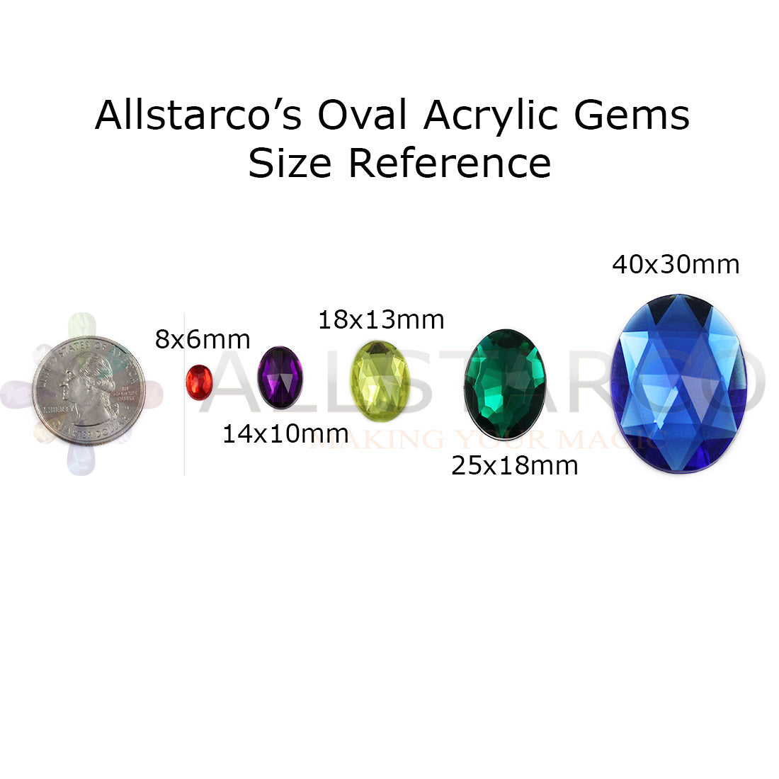 size reference chart comparison coin quarter oval flat back acrylic gems plastic rhinestones for craft gemstones body jewels face skin cabochons embellishments cosplay prop making jewelry making party diy crafts costume making scrapbooking high quality allstarco décor stones larp events film making card making crafting school kids fun creative