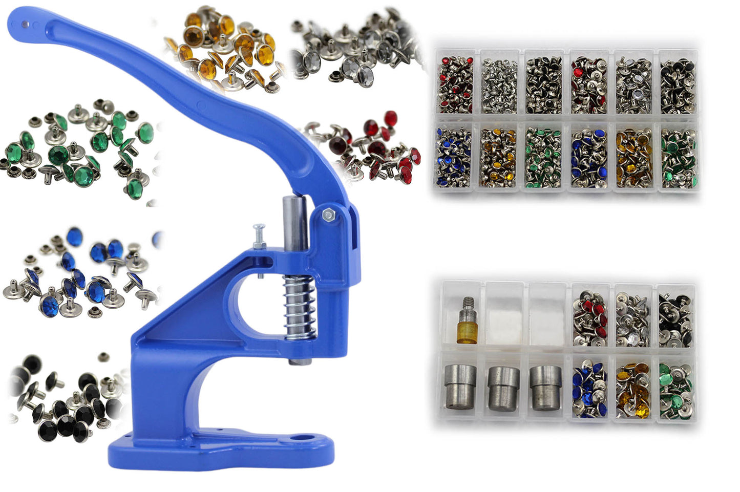 rhinestone rivets fasteners studs round stud setter gift christmas birthday artist creative daughter son girlfriend kit handpress hand press machine tool diy dies crafting garment making design designer gu50 non rusting brass decorative studs embellishments clothing making costume making diy crafts purses leathercraft leather work design allstarco handbags bracelets flipflops jackets denim cotton fabric decor embellish