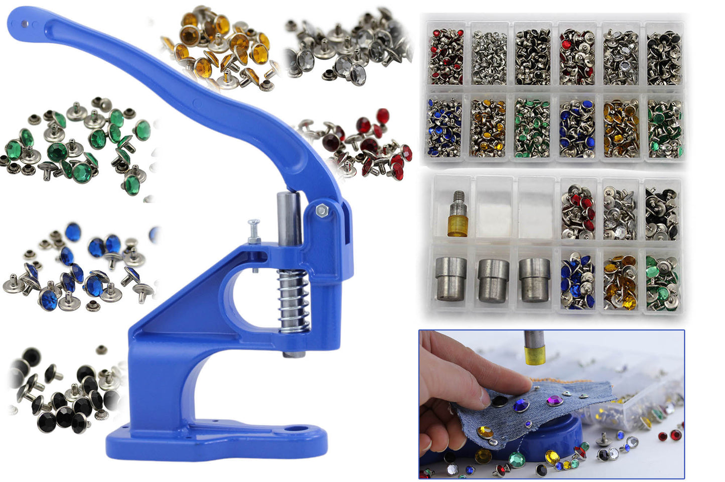 Starter Kit - Stud Setter Plus 1050 Rhinestone Rivets In 3 Sizes And 6 Assorted Colors