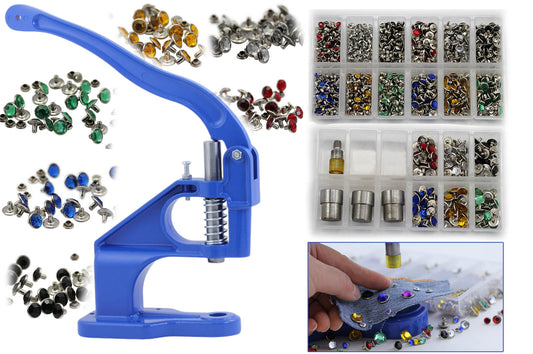 Kit de inicio: fijador de pernos más 1050 remaches de diamantes de imitación en 3 tamaños y 6 colores surtidos