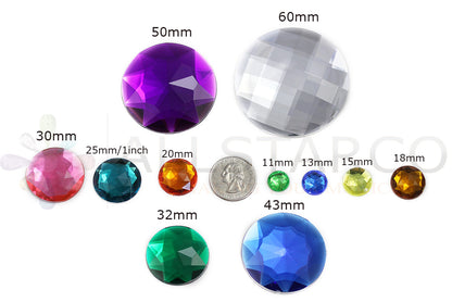 size chart reference next to quarter coin comparison round circle flat back acrylic gems plastic rhinestones for craft gemstones body jewels face skin cabochons embellishments cosplay prop making jewelry making party diy crafts costume making scrapbooking high quality allstarco décor stones larp events film making card making crafting school kids fun creative crafting bling bedazzler bling phone cases laptop costume making garment