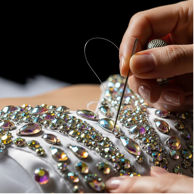 Person sewing rhinestones onto a fabric surface