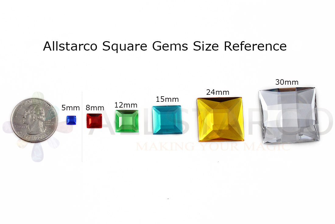 size chart reference comparison square flat back acrylic gems plastic rhinestones for craft gemstones body jewels face skin cabochons embellishments cosplay prop making jewelry making party diy crafts costume making scrapbooking high quality allstarco décor stones larp events film making
