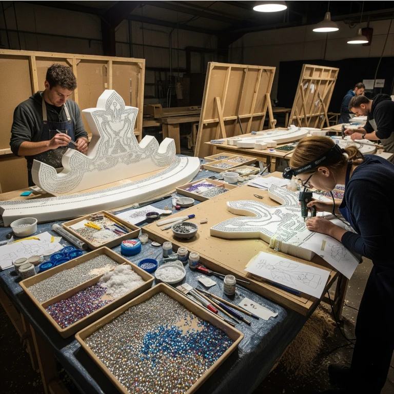 Artisans working on decorative elements with materials and tools in a workshop setting.
