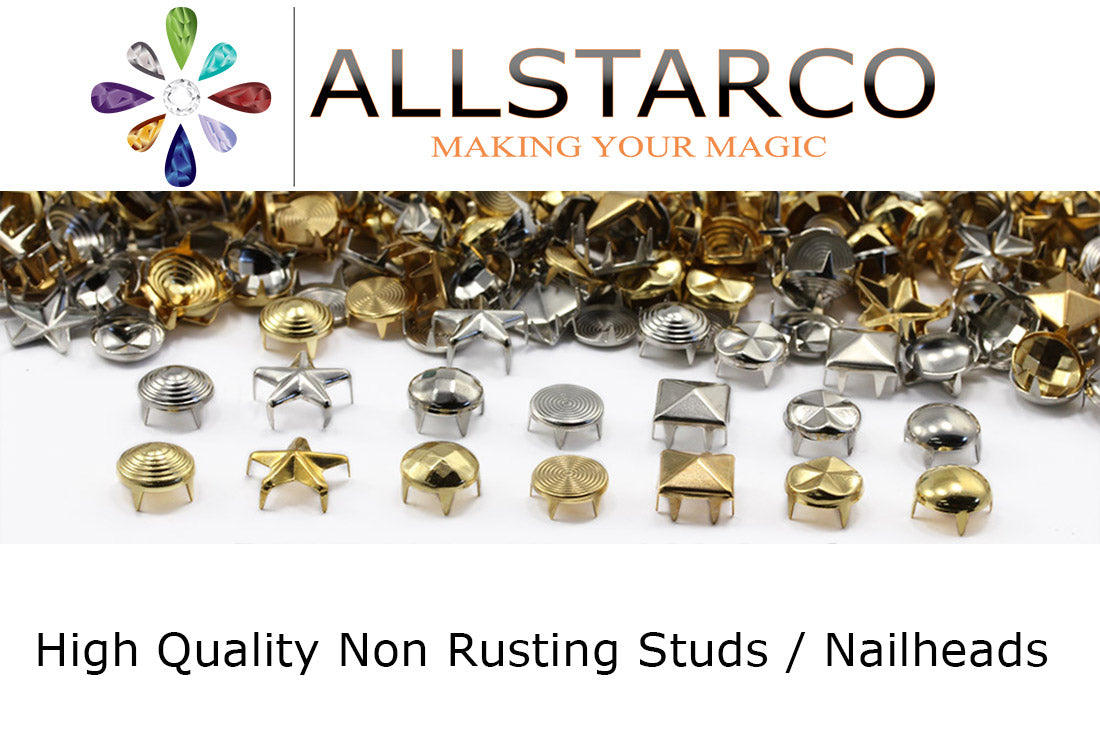 studs round nailheads prongs with legs non rusting brass decorative studs embellishments clothing making costume making diy crafts purses leathercraft leather work design allstarco handbags bracelets flipflops jackets denim cotton fabric decor embellish